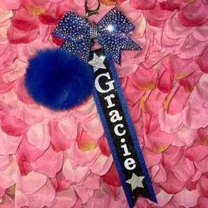 May include: Blue and silver sparkly bow with a blue pom-pom and a blue and black ribbon with the name "Gracie" in white letters and silver stars.