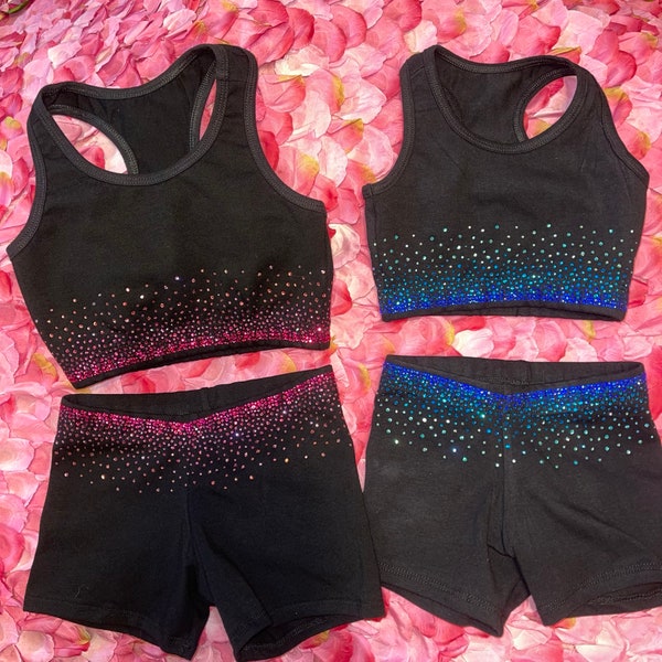 Light Ombré Scatter Pink or Blue Rhinestone Sports Bra & Shorts Separates