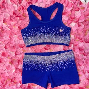 Heavy Ombré Style AB Rhinestone Cheer/ Dance Separates in royal blue- Practice Bra, Shorts & Bow.