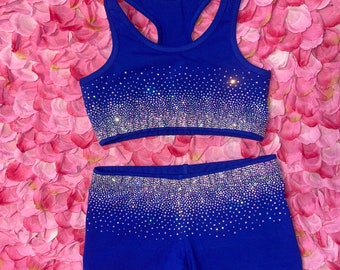Heavy Ombré Style AB Rhinestone Cheer/ Dance Separates in royal blue- Practice Bra, Shorts & Bow.