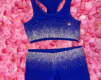 Heavy Ombré Style AB Rhinestone Cheer/ Dance Separates in royal blue- Practice Bra, Shorts & Bow.