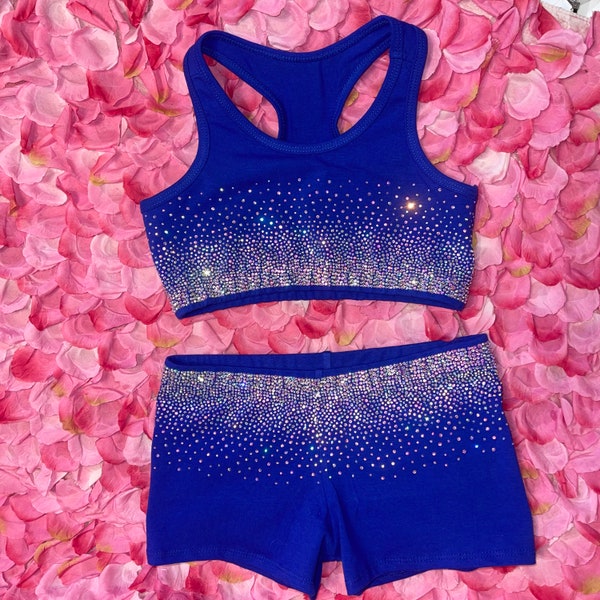 Heavy Ombré Style AB Rhinestone Cheer/ Dance Separates in royal blue- Practice Bra, Shorts & Bow.