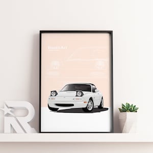 Może przedstawiać: Biały roadster Mazda MX-5 z czarnymi reflektorami i czarnym wnętrzem. Samochód znajduje się na brzoskwiniowym tle z białym obrysem samochodu w tle. Tekst "Road&Art Limited Edition" znajduje się w lewym górnym rogu obrazu.
