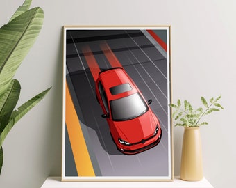 Volkswagen Golf GTI Poster – Retro Sports Car Illustration, Matte Print