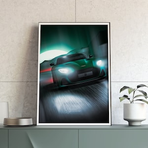 May include: A green sports car with headlights on, driving on a dark road with a blurred background. The car has a black grill and a black "R" emblem on the front.