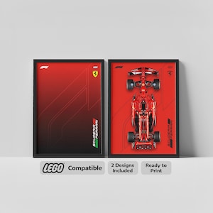 May include: Two framed prints featuring a red Ferrari theme. One print shows a gradient background with the Ferrari logo. The other print displays a red Lego Ferrari race car. The text "LEGO Compatible" is visible.