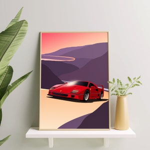Ferrari F40  - Style Art Premium Matte Poster | Classic | Vintage | Sports | Cars | Wall Art | Decor | Print | Scuderia | Gift