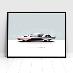May include: A white and red sports car with a black interior, outlined in a faint gray line. The car is on a white background with the text "Collector's EDITION" and "Bertone X1/9 Turbo About Elegance" below the car.