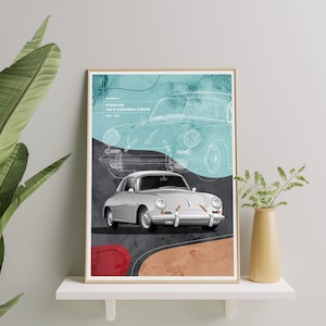 May include: A vintage poster featuring a white Porsche 356-B Carrera Coupe with a blue and grey abstract background. The poster includes the text "RoadArt" and "Porsche 356-B Carrera Coupe 1959 - 1963".
