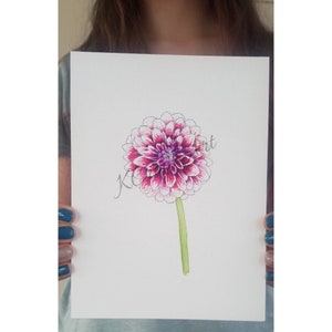Fuchsia Pink Purple Dahlia Flower Watercolor Print 5&quot;x7&quot;, Wall Decor, Handmade, Summer Spring Flower