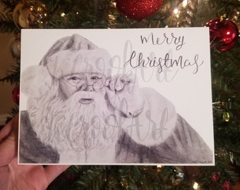 Santa Claus Card "Merry Christmas" 5x7 - Graphite Fine Art Drawing -Santa Claus Christmas Print Merry Christmas Holiday Card Gift