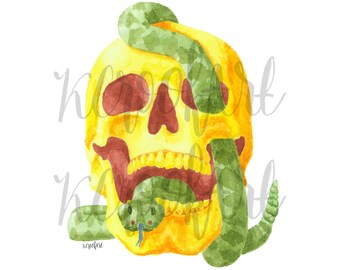 Yellow and Red Skull with Green Rattlesnake Snake Living Inside Skull Watercolor Print 8"x10" - Wall Decor Halloween Decor Spooky