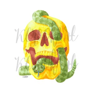 Yellow and Red Skull with Green Rattlesnake Snake Living Inside Skull Watercolor Print 8&quot;x10&quot; - Wall Decor Halloween Decor Spooky
