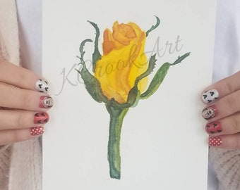 Yellow Green Rose Bud Flower Watercolor Print 5"x7", Summer Spring Flower Wall Decor, Bright Colors, Rose Print