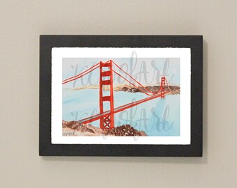 San Francisco Golden Gate Bridge Watercolor Print 5"x7", Ocean, California San Francisco Golden Gate Bridge Landmark