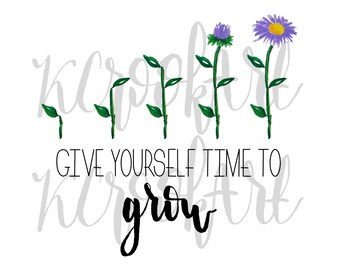Give Yourself Time To Grow Flower Watercolor Art Print 5"x7" - Flower Watercolor Painting Wall Decor Purple Blossom Cute Home Wall Hanging