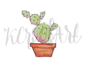 Green Pink Potted Cactus Succulent Watercolor Print 5"x7", Summer Spring Cactus Wall Decor, Bright Colors, Cactus Succulent Print