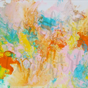 Modern Abstract Orange Pink Teal Yellow Gold Marbled Swirl Painting Print 8&quot;x10&quot; Wall Decor Modern