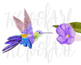 Hummingbird & Flower Watercolor Print 5"x7", Wall Decor, Handmade, Summer Spring Bird Painting, Flower and Hummingbird Purple Green Blue