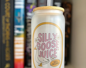 Silly Goose Juice 16oz Glass Iced Coffee Cup Gifts For Funny Iced Coffee Glass with Bamboo Lid