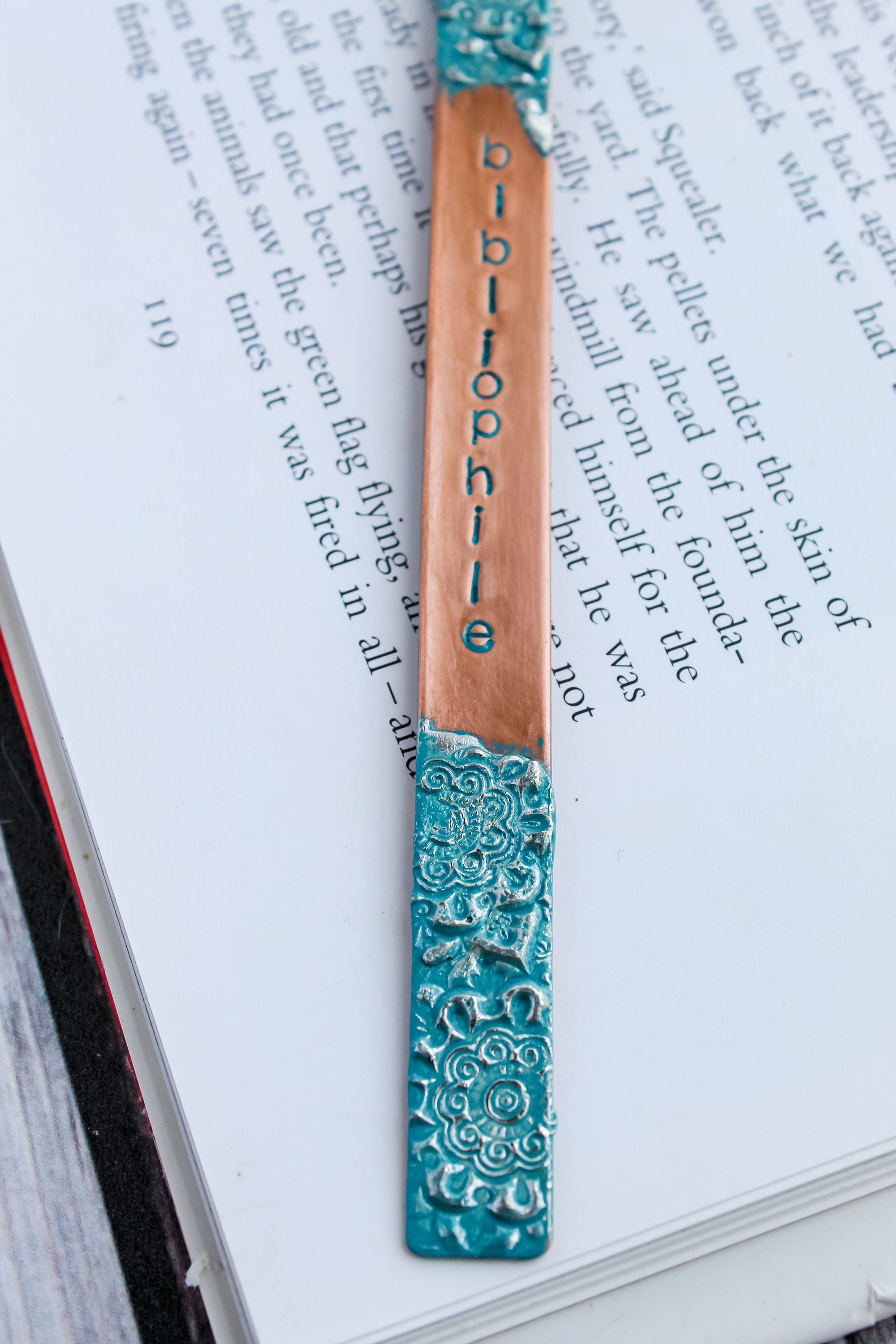 Metal Bookmark Stamped Bookmark Hammered Copper Bookmark Teal Etsy