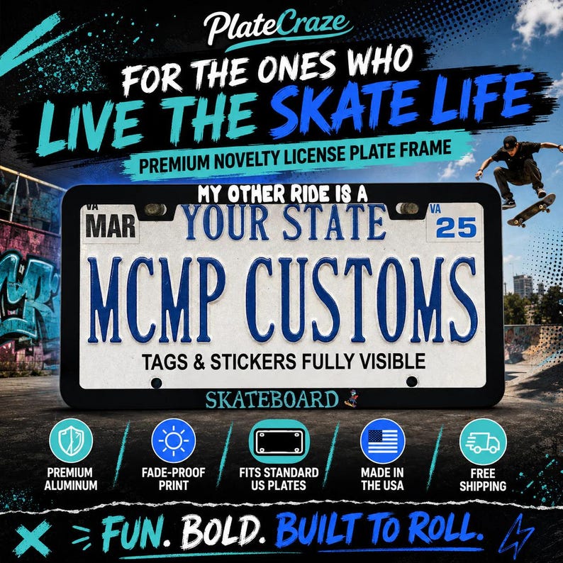 My Other Ride Is A Skateboard License Plate Frame, Funny Skateboarder Gift, Skater Car Accessory, Skate Culture Car Decor immagine 2
