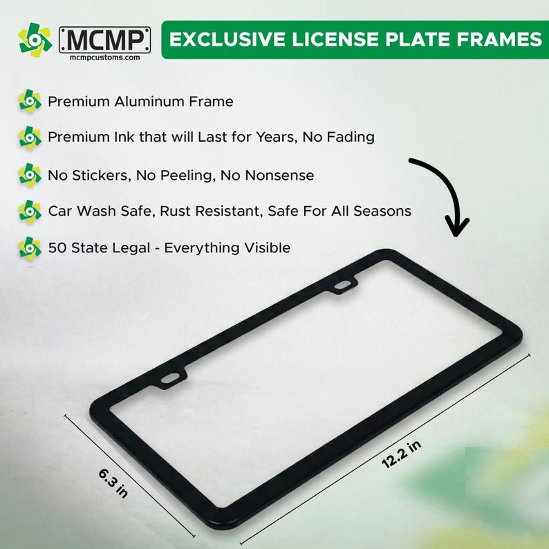 MCMP Customs aluminum license plate frame — features and quality detail infographic