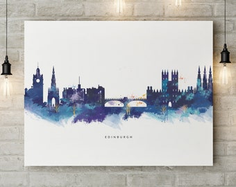 Edinburgh Scotland Skyline Canvas Art, Blue Watercolour Box Canvas Print, With City Name, Christmas Present
