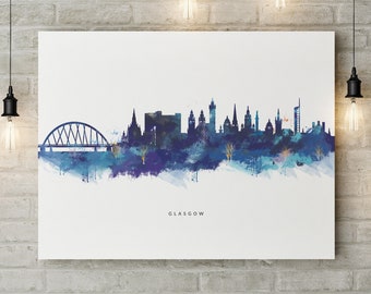 Glasgow Blue Skyline Leinwand Kunstdruck, Aquarell Stadtbild, Box Leinwandkunst, Erschwingliches Geschenk