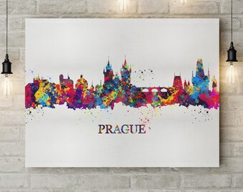 Prag Skyline Leinwand Kunstdruck, Aquarell Stadtbild, Box LeinwandKunstdruck, fertig zum Aufhängen, mit Stadtname, bunt