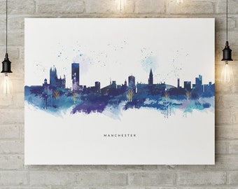Impression d'art toile Manchester Skyline, paysage urbain, impression sur toile boîte aquarelle, cadeau oeuvre d'art pour la maison
