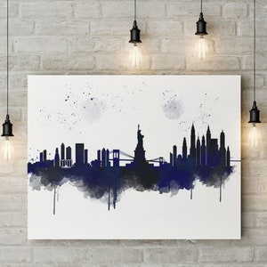 New York Skyline Leinwanddruck, Blaue Aquarell Kunst, Stadtbild, Aquarell Box Leinwanddruck, Raumdruck, BüroKunst Bild 1