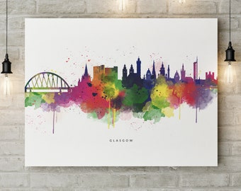 Glasgow Leinwand Kunstdruck, Aquarell Stadtbild, Box Leinwand Kunstdruck mit Stadtname, Schottland Poster Geschenk