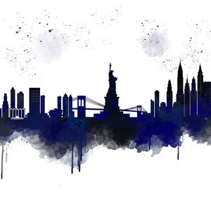 New York Skyline Leinwanddruck, Blaue Aquarell Kunst, Stadtbild, Aquarell Box Leinwanddruck, Raumdruck, BüroKunst Bild 2