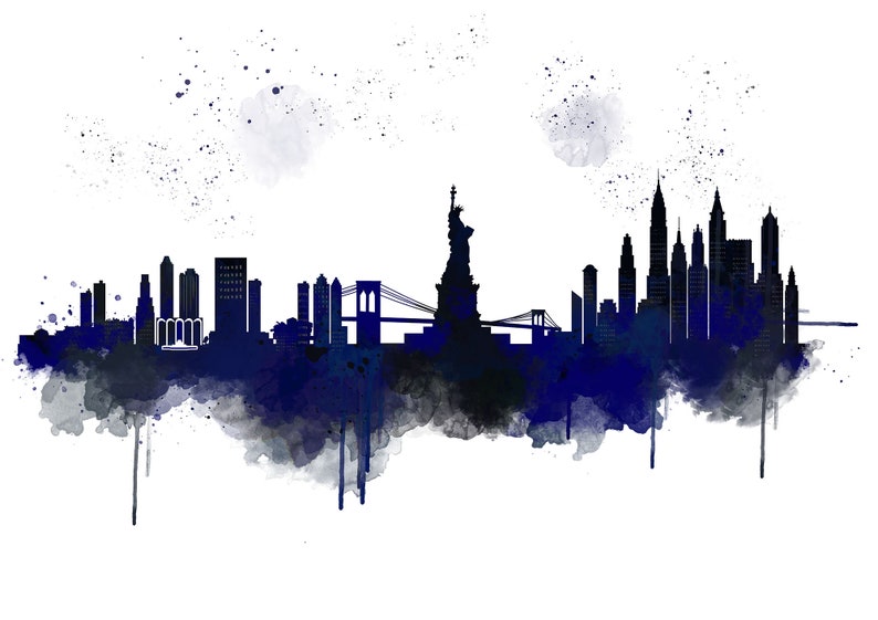 New York Skyline Leinwanddruck, Blaue Aquarell Kunst, Stadtbild, Aquarell Box Leinwanddruck, Raumdruck, BüroKunst Bild 2