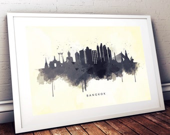 Bangkok City Skyline,  Black Watercolor Art Print Poster, Yellow Background, Travel Print Poster, Wall Décor, New Home Gift, Thailand Art