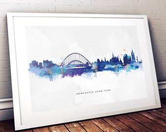 Newcastle Print, Blue Abstract Watercolour Print, on Grey Wash Background, City Skyline, Art Print Poster