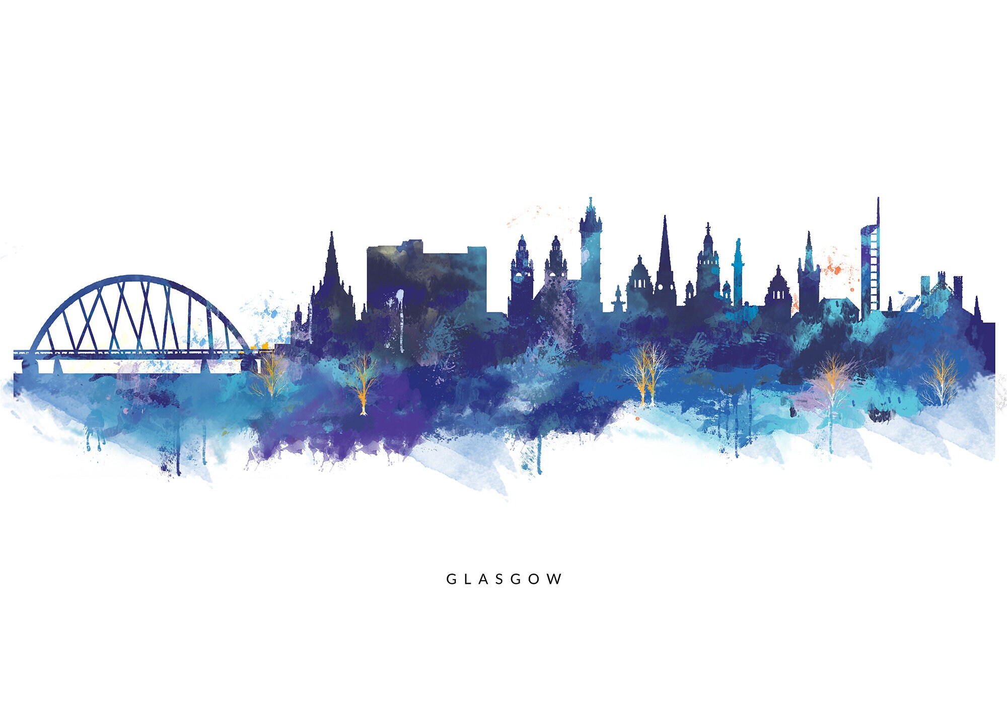 Glasgow Blue Skyline Canvas Art Print Watercolour Cityscape Etsy UK