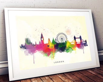 London Skyline, MultiColour Art, Gelber Hintergrund, Aquarelldruck, Poster, Kunstwerk, Hochzeitsgeschenk, moderne Wanddekoration
