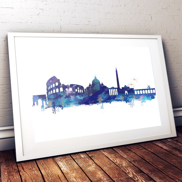 Rome Skyline Blue Watercolour Art Print Abstract Poster, on White Background, Affordable Wall Art, Wall Art Decor