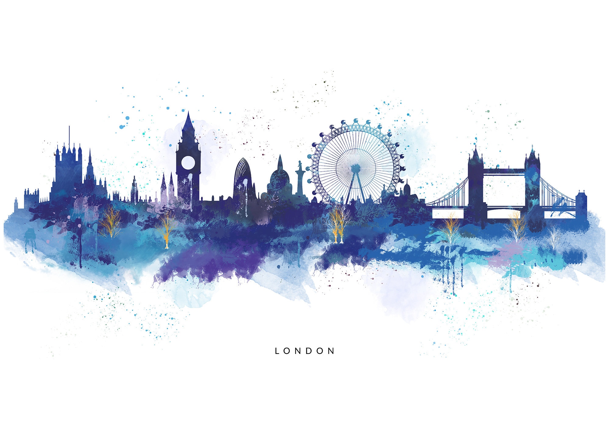 London Skyline, Watercolour Print, London Poster, CANVAS Art Office