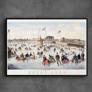Pôster de arte de parede com impressão vintage da cidade de Nova York, cartão postal Union Pond, impressão em tela emoldurada/sem moldura