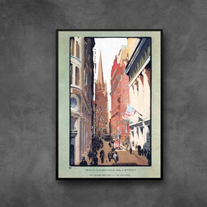 Impressão vintage da cidade de Nova York, pôster de arte de parede, igreja da Trindade e cartão postal de Wall Street, emoldurado/sem moldura, impressão em tela