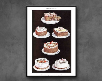 Vintage Poster Print, Fancy Cakes Print, Kitchen Wall Decor, Kitchen Art, Food Art Print Framed / Unframed, Canvas Print