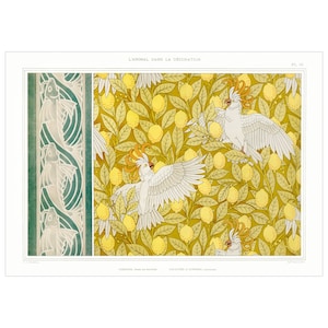 May include: A vintage illustration of a lemon tree pattern with white cockatoos. The illustration is from a book titled "L'Animal Dans La Decoration" and is labeled "Pl. 38".