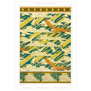 May include: A vintage illustration titled "L'ANIMAL DANS LA DÉCORATION" showing a repeating pattern of eagles and doves in flight against a backdrop of stylized clouds and diagonal lines. The colour palette includes gold, teal, and cream.