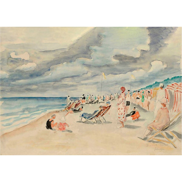 Kustmuurkunst, vintage posterprint, strandmuurkunstdecor, aquarelprint Beach House Decor Deauville door Henri Lebasque