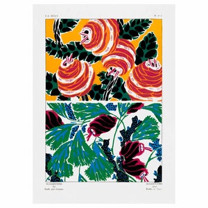 Könnte beinhalten: Zwei Stoffdesigns mit stilisierten Blumenmustern. Das obere Design zeigt orange, rote und schwarze Blumen auf gelbem Hintergrund. Das untere Design zeigt schwarze, rote und blaue Blumen auf weißem Hintergrund. Der Text "SUGGESTIONS for Stuffs and Carpets" befindet sich unten links im Bild. Der Text "E.A. SEGUY Pl. n° 3" befindet sich oben rechts im Bild.