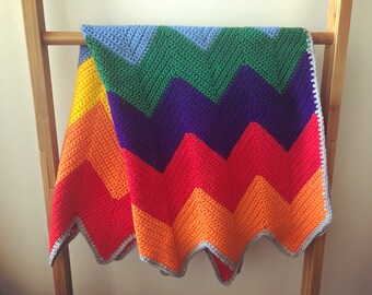 Rainbow chevron stripe handmade crochet blanket, made to order