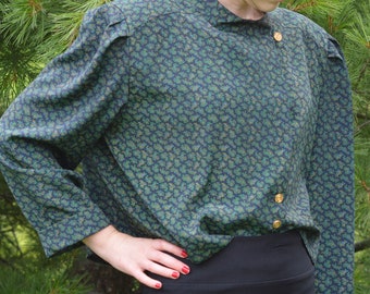 Paisley Green & Navy Blue Long Sleeve Blouse, Vintage 1990s, Brand: Kristy Michaels, Size 16
